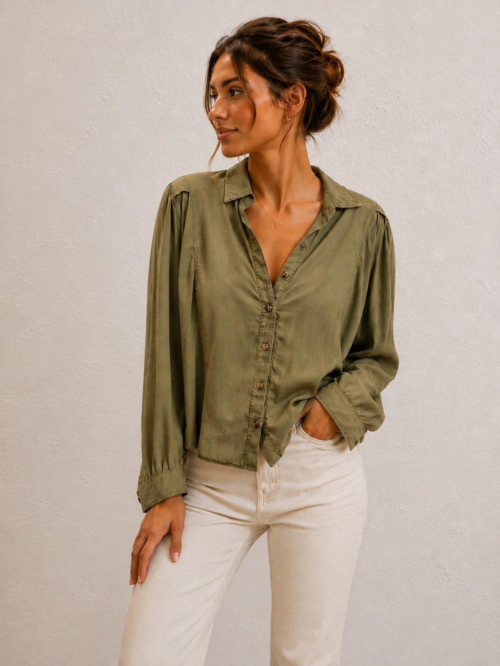 RW&CO Relaxed Olive Button-Down Women's Blouse - 100% Lyocell-  Size Small